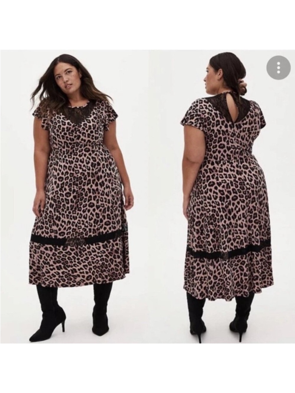 torrid Pink Leopard Print Midi Dress with Black Lace Trim